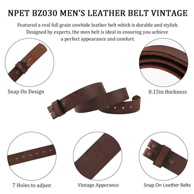 NPET Mens Leather Belt Full Grain Vintage Distressed Style Snap on Strap 1 1/2" Wide Coffee 32"-34" - Image 4